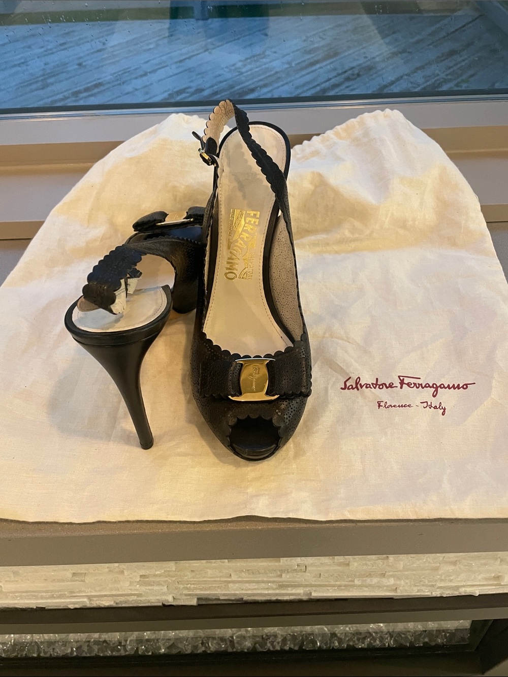 Salvatore Ferragamo Black Peep-Toe Slingback Heels with Gold Bow Accent